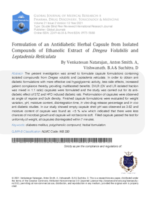 Formulation of an Antidiabetic Herbal Capsule from Isolated Compounds of Ethanolic Extract of Dregea Volubilis and Leptadenia Reticulata