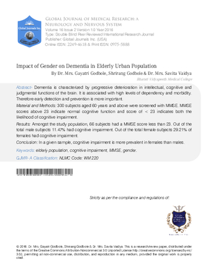 Impact of Gender on Dementia in Elderly Urban Population