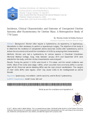 Incidence, Clinical Characteristics and Outcome of Unexpected Uterine Sarcoma after Hysterectomy for Uterine Mass: A Retrospective Study of 774 Cases
