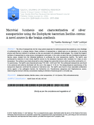 Microbial Synthesis and characterization of silver nanoparticles using the Endophytic bacterium Bacillus cereus: A novel source in the benign synthesisis