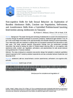 Non-cognitive Skills for Safe Sexual Behavior: An exploration of baseline Abstinence skills, Condom use Negotiation, Self-esteem, and Assertiveness Skills from a Controlled Problem-based Learning Intervention among Adolescents in Tanzania
