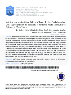 Nutritive and Antinutritive Values of Ready-to-use Foods Based on Local Ingredients for the Recovery of Moderate Acute Malnourished Children in Cote d Ivoire