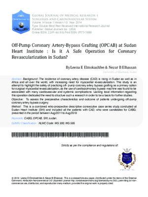 Off-Pump Coronary Artery Bypass Grafting (OPCAB) at Sudan Heart Institute : Is it a Safe Operation for Coronary Revascularization in Sudan?