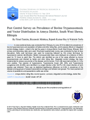 Post Control Survey on Prevalence of Bovine Trypanosomosis and Vector Distribution in Ameya District, South West Shewa, Ethiopia