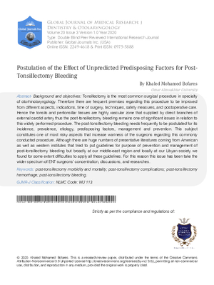 Postulation of the Effect of Unpredicted Predisposing Factors for Post-Tonsillectomy Bleeding