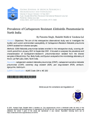 Prevalence of Carbapenem resistant Klebsiella pneumoniae in North India