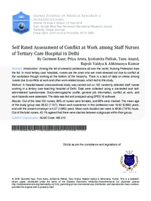Self Rated Assessment of Conflict at Work among Staff Nurses of Tertiary Care Hospital in Delhi