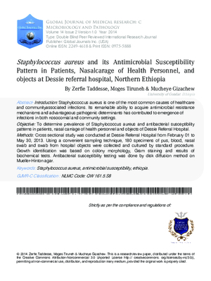 Staphylococcus Aureus and its Antimicrobial Susceptibility Pattern in Patients, Nasalcarage of Health Personnel, and Objects at Dessie Referral Hospital, Northern Ethiopia
