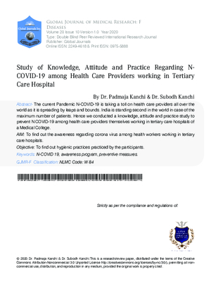 Study of Knowledge, Attitude and Practice regarding N-COVID-19 among Health Care Providers Working in Tertiary Care Hospital