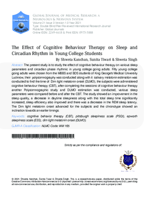 The Effect of Cognitive Behaviour Therapy on Sleep and Circadian Rhythm in Young College Students