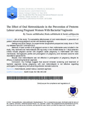 The Effect of Oral Metronidazole in the Prevention of Preterm Labour among Pregnant Women with Bacterial Vaginosis