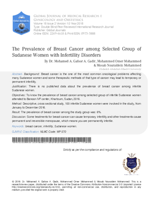 The Prevalence of Breast Cancer among Selected Group of Sudanese Women with Infertility Disorders