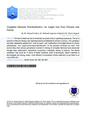 Complete Denture Prosthodontics: An Insight into Past, Present and Future