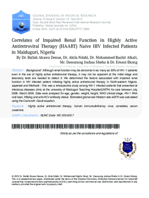 Correlates of Impaired Renal Function in Highly Active Antiretroviral Therapy (HAART) Naive HIV Infected Patients in Maiduguri, Nigeria