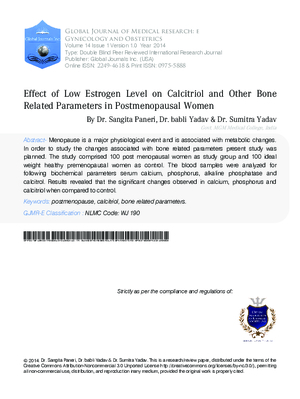 Effect of Low Estrogen Level on Calcitriol and other Bone Related Parameters in Postmenopausal Women