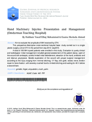 Hand Machinery Injuries Presentation and Management (Omdurman Teaching Hospital)