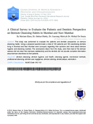 A Clinical Survey to Evaluate the Patients and Dentists perspective on Denture Cleansing Habits in Mumbai and Navi Mumbai