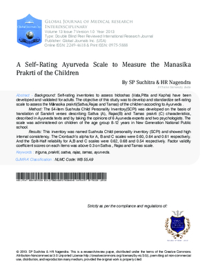 A Self aRating Ayurveda Scale to Measure the Manasika Prakrti of the Children
