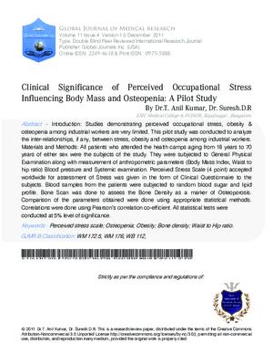 Clinical Significance of Perceived Occupational Stress Influencing Body Mass And Osteopenia : A Pilot Study
