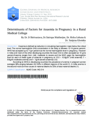 Determinants of Factors for Anaemia in Pregnancy in a Rural Medical College