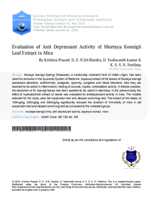 Evaluation of Anti Depressant Activity of Murraya Koenigii Leaf Extract in Mice