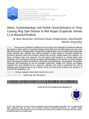 Status, Symptomatology and Partial Characterization of Virus Causing Ring Spot Disease in Bell Pepper (Capsicum Annum L.) in Himachal Pradesh