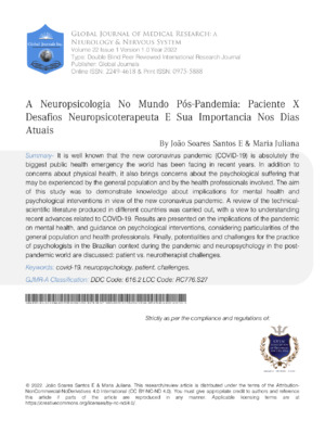 A Neuropsicologia No Mundo Pós-Pandemia: Paciente X Desafios Neuropsicoterapeutae Sua Importância Nos Dias Atuais