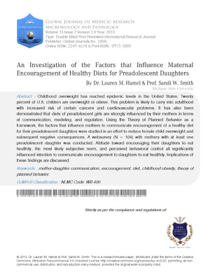 An Investigation of the Factors that Influence Maternal Encouragement of Healthy Diets for Preadolescent Daughters