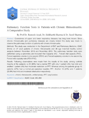 Pulmonary Function Tests in Patients with Chronic Rhinosinusitis : A Comparative Study