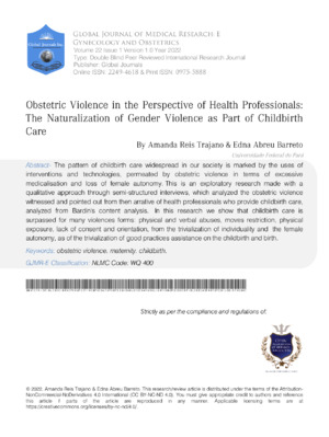 Obstetric Violence in the Perspective of Health Professionals: The Naturalization of Gender Violence as Part of Childbirth Care