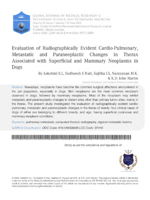 Evaluation of Radiographically Evident Cardio-Pulmonary, Metastatic and Paraneoplastic Changes in Thorax Associated with Superficial and Mammary Neoplasms in Dogsa