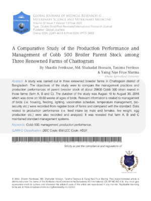 A Comparative Study of the Production Performance and Management of Cobb 500 Broiler Parent Stock among Three Renowned Farms of Chattogram.