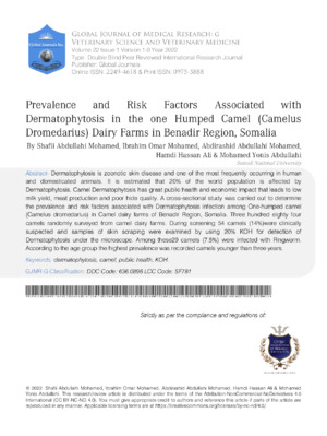 Prevalence and Risk Factors Associated with Dermatophytosis in the one Humped Camel (Camelus Dromedarius) Dairy Farms in Benadir Region, Somalia