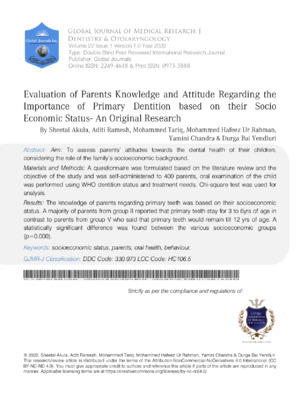 Evaluation of Parents Knowledge and Attitude Regarding the Importance of Primary Dentition Based on their Socio Economic Status