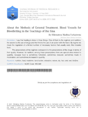 About the Methods of General treatment. Blood Vessels for Bloodletting in the Teachings of IbnSina