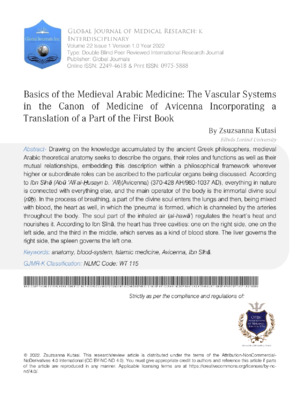 Basics of the Medieval Arabic Medicine 1 : The Vascular Systems in the Canon of Medicine of Avicenna Incorporating a Translation of a Part of the First Book