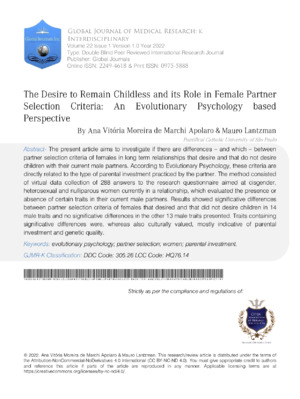 The Desire to Remain Childless and its Role in Female Partner  Selection Criteria: An Evolutionary Psychology Based Perspective