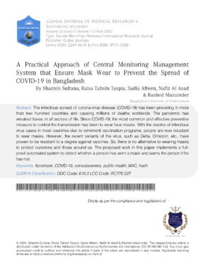 A Practical Approach of Central Monitoring Management System that Ensure Mask Wear to Prevent the Spread of COVID-19 in Bangladesh