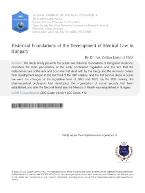 Historical Foundations of the Development of Medical Law in Hungary