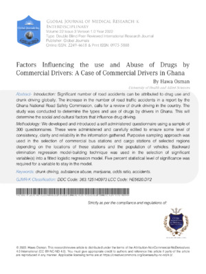 Factors Influencing the Use and Abuse of Drugs by Commercial Drivers: A Case of Commercial Drivers in Ghana