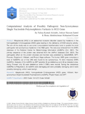 Computational Analysis of Possibly Pathogenic Non-Synonymous Single Nucleotide Polymorphisms Variants in HGD Gene