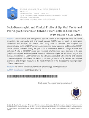 Socio-Demographic and Clinical Profile of Lip, Oral Cavity and Pharyngeal Cancer in an Urban Cancer Centre in Coimbatore