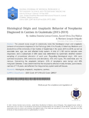 Histological Origin and Anaplastic Behavior of Neoplasms Diagnosed in Canines in Guatemala (2015-2019)