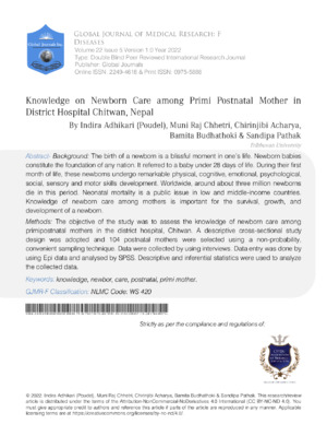 Knowledge on Newborn Care among Primi Postnatal Mother in District Hospital Chitwan, Nepal