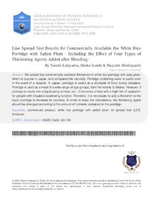 Line Spread Test Results for Commercially Available the White Rice Porridge with Salted Plum - Including the Effect of Four Types of Thickening Agents Added after Blending
