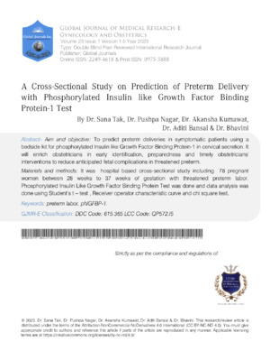A Cross -Sectional Study on Prediction of Preterm Delivery with Phosphorylated Insulin Like Growth Factor Binding Protein -1 Test