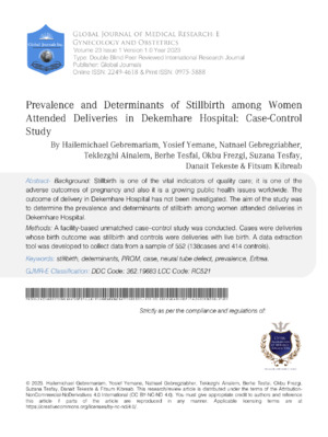 Prevalence and Determinants of Stillbirth among Women Attended Deliveries in Dekemhare Hospital: Case-Control Study