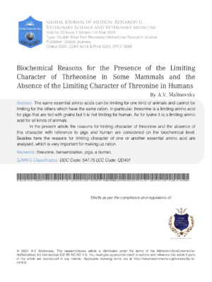 Biochemical Reasons for the Presence of the Limiting Character of Thrheonine in Some Mammals and the Absence of the Limiting Character of Threonine in Humans