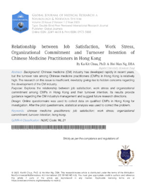 Relationship between Job Satisfaction, Work Stress, Organizational Commitment and Turnover Intention of Chinese Medicine Practitioners in Hong Kong
