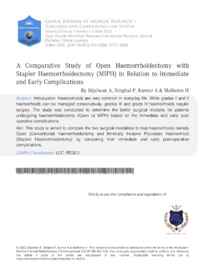 A Comparative Study of Open Haemorrhoidectomy with Stapler Haemorrhoidectomy (MIPH) in Relation to Immediate and Early Complications